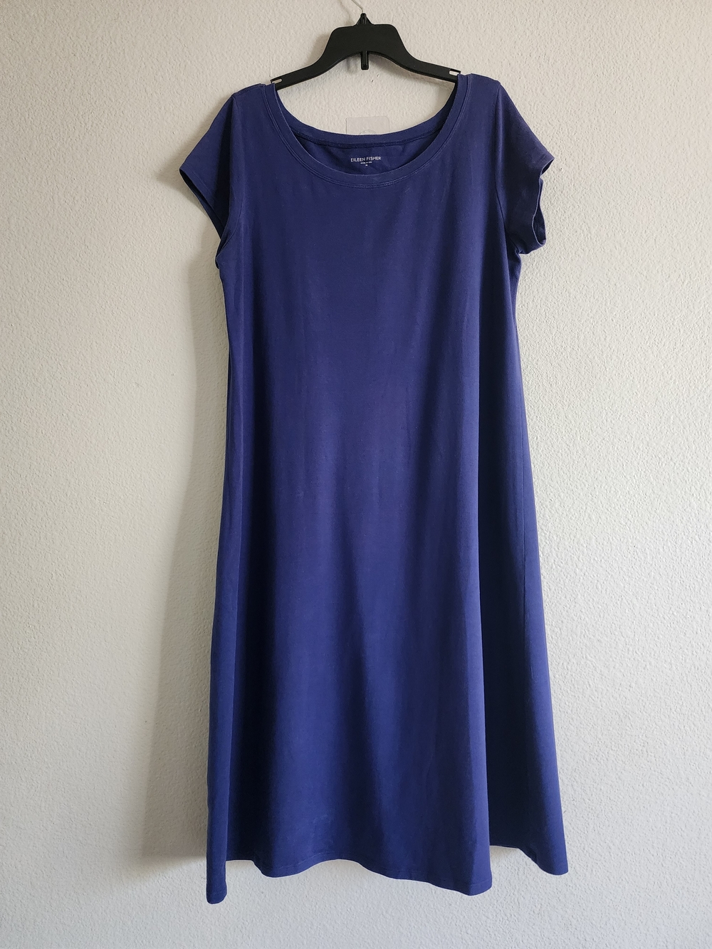EILEEN FISHER Organic Cotton Stretch Short Sleeve Scoop Neck Midi Dress M Blue